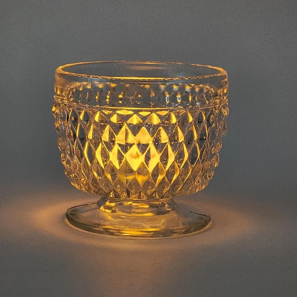 Vintage Clear Pressed Glass Footed Diamond Votive Candle Holder 3.25in